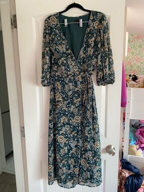 Ann Taylor Teal Floral Wrap Midi Dress